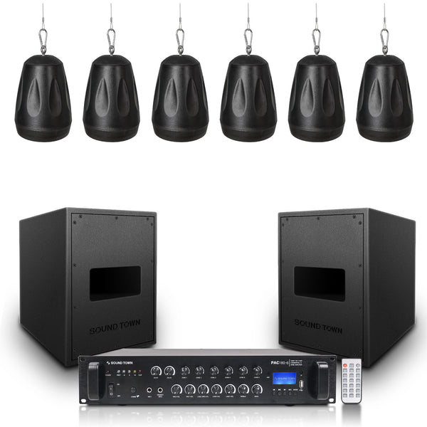 Sound Town P18X6P4B2S28 | 6-Zone 70V/100V Commercial Bluetooth Amplifier, Six 4“ Pendant Speakers And Two Dual 8" Subwoofers Set, Black
