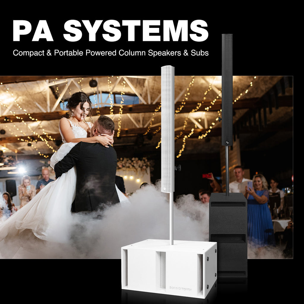 Sound Town PS-212SW106W | Powered Portable PA System with Dual 12" 2400W Subwoofer, Column Array Loudspeaker, Mounting Pole, White for Weddings Churches, Clubs, and Event Halls (PS-212SW106W, CARME-212M64, CARME-212M106)