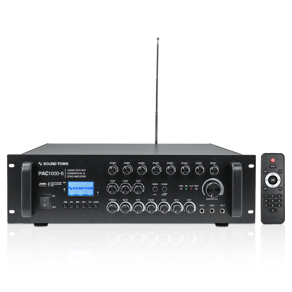 Sound Town PAC1000-8-R | REFURBISHED: 1000W 8-Zone 70V/100V Commercial Power Amplifier with Bluetooth, USB, LCD Display for Restaurants, Bars, Multi-Room Installation - Front View 
