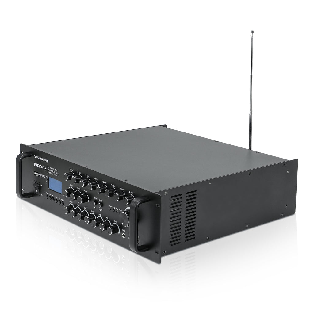 Sound Town PAC1000-8 | 1000W 8-Zone 70V/100V Commercial Power Amplifier with Bluetooth, USB, LCD Display for Restaurants, Bars, Multi-Room Installation - Left Side 