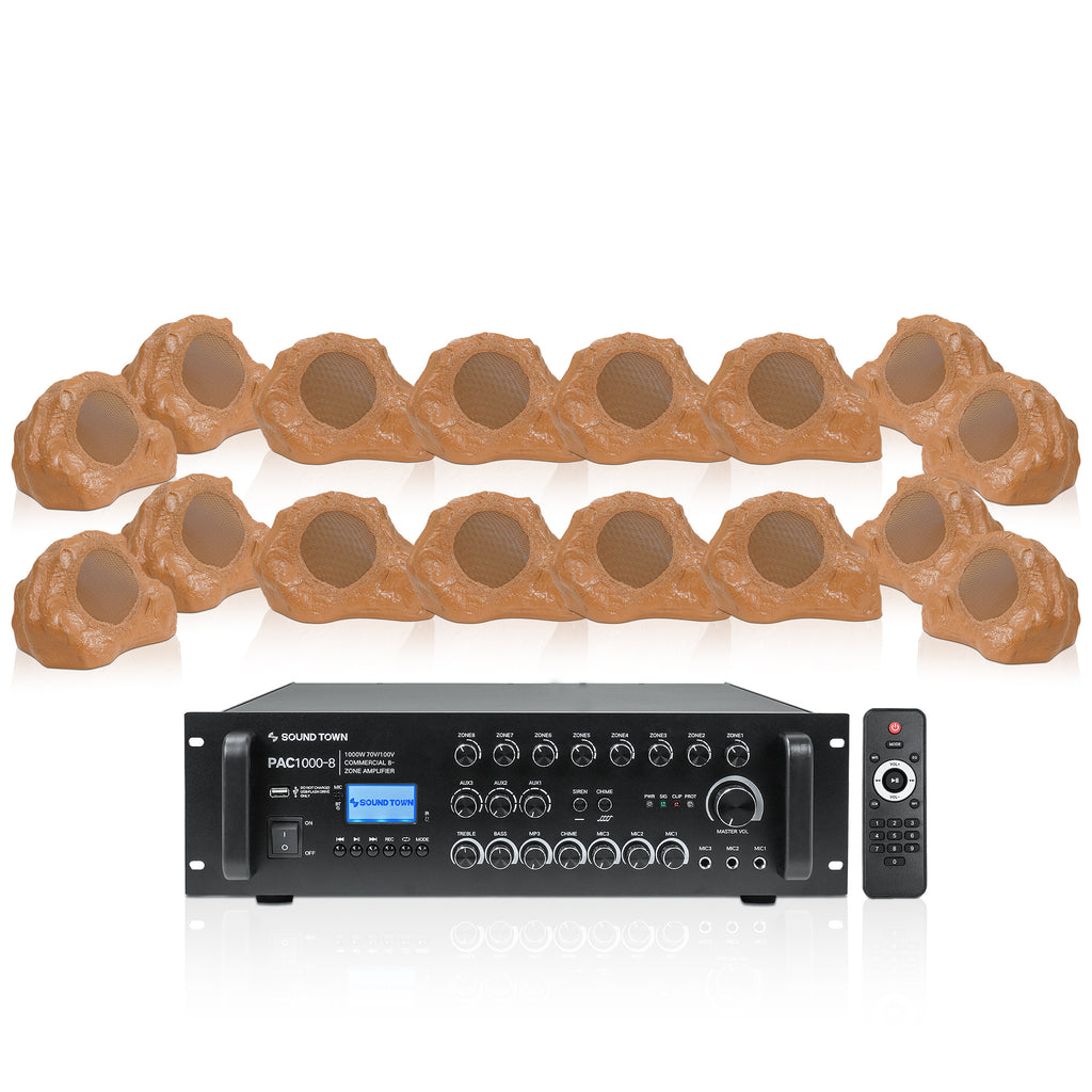 PAC1000X16RK82BR | 8-Zone 70V/100V Commercial Power Amplifier with Bluetooth and 16 x 8” Landscape Rock Speakers for Outdoor Installation, Brown