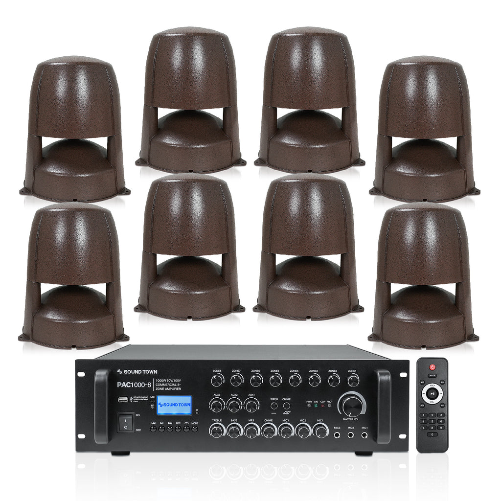 PAC1000X8OMNI82BR | 8-Zone 70V/100V Commercial Power Amplifier with Bluetooth and 8 x 8” 360° Landscape Speakers for Outdoor Installation, Brown
