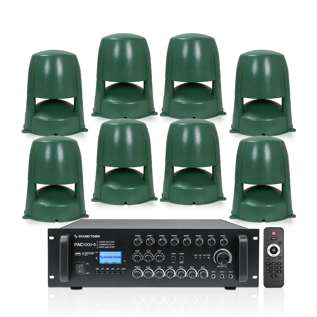 PAC1000X8OMNI82G | 8-Zone 70V/100V Commercial Power Amplifier with Bluetooth and 8 x 8” 360° Landscape Speakers for Outdoor Installation, Green