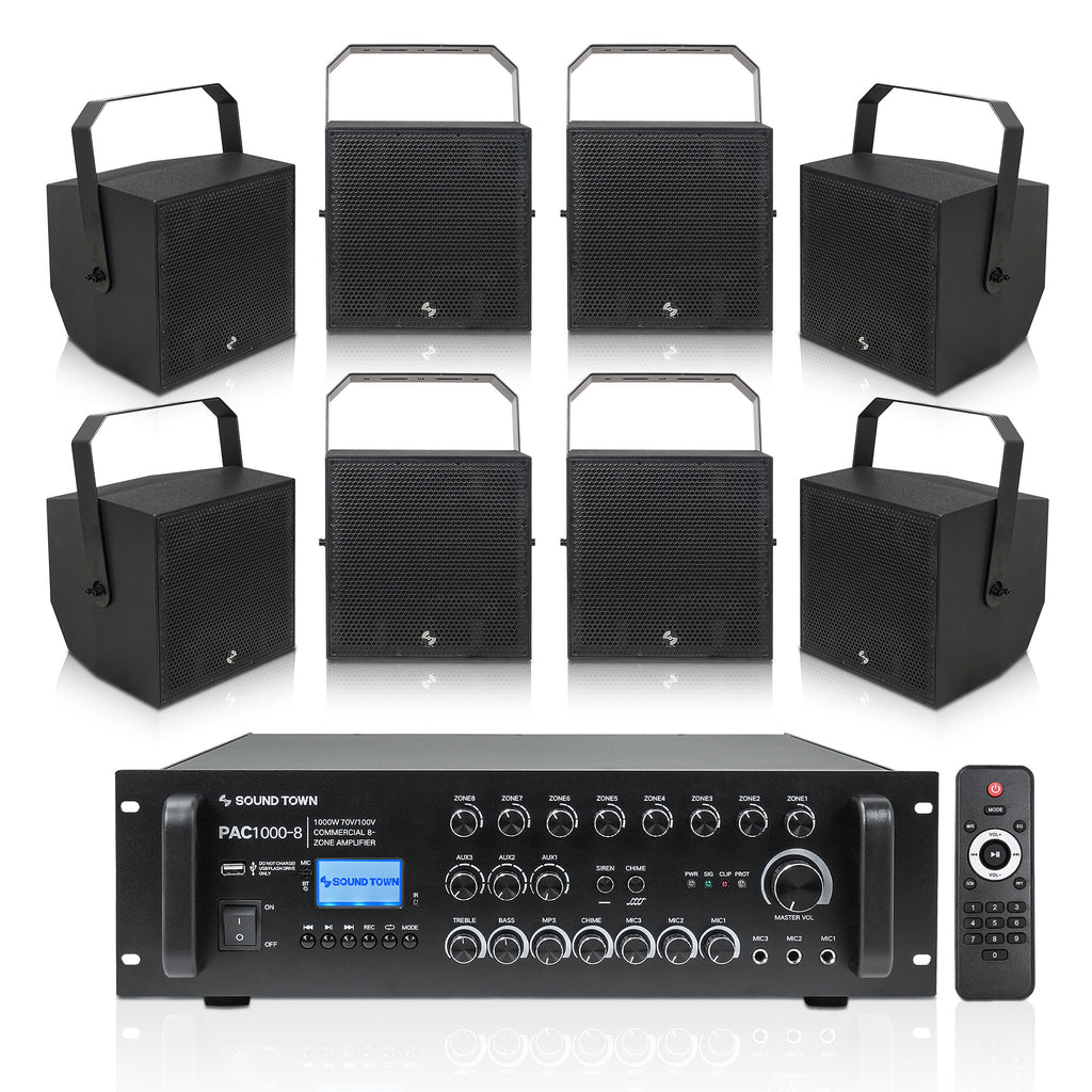 PAC1000X8TT10B | 8-Zone 70V/100V Commercial Power Amplifier with Bluetooth and 8 x 10” Surface-Mount Coaxial Speakers for Outdoor Installation, Black