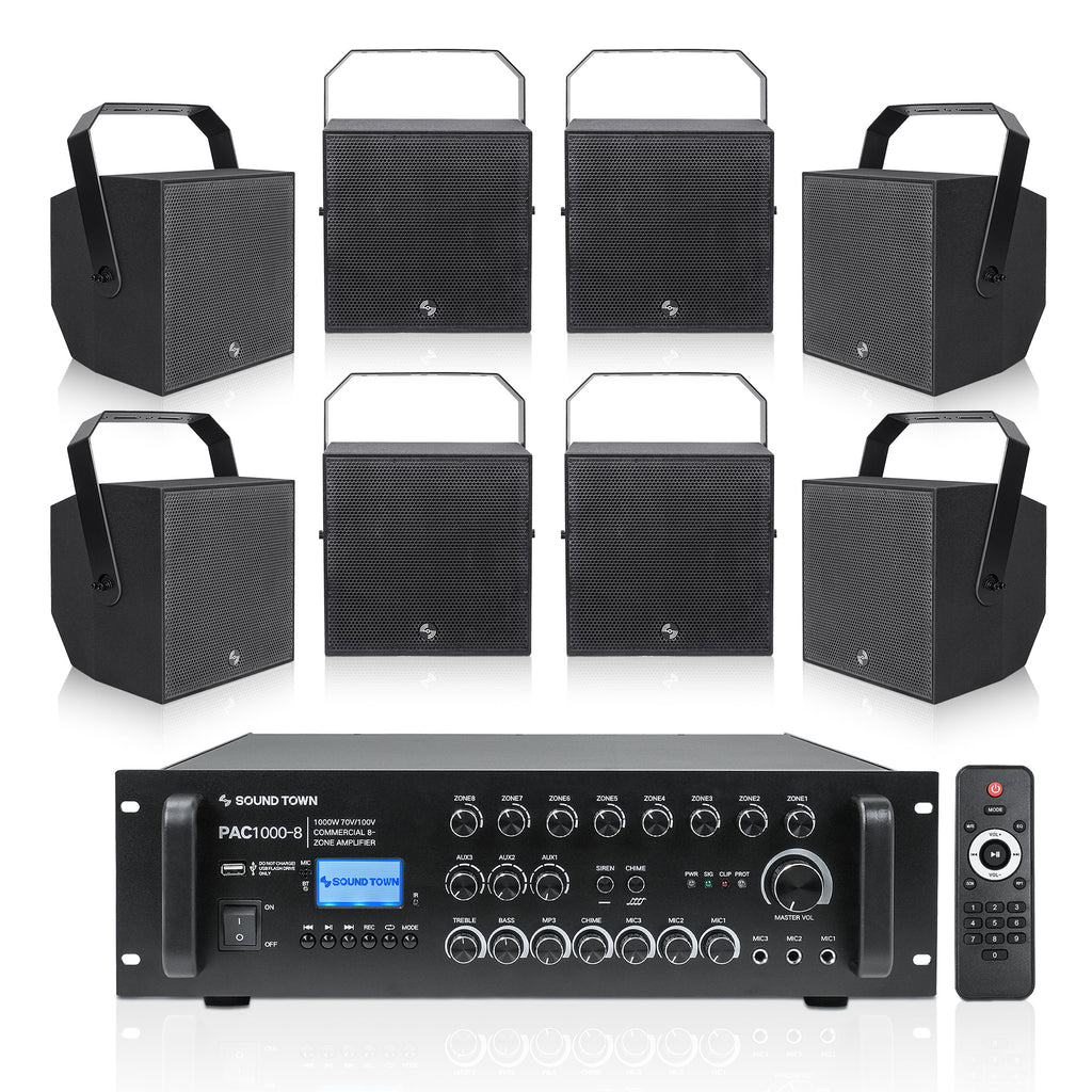 PAC1000X8TT8B | 8-Zone 70V/100V Commercial Power Amplifier with Bluetooth and 8 x 8” Surface-Mount Coaxial Speakers for Outdoor Installation, Black