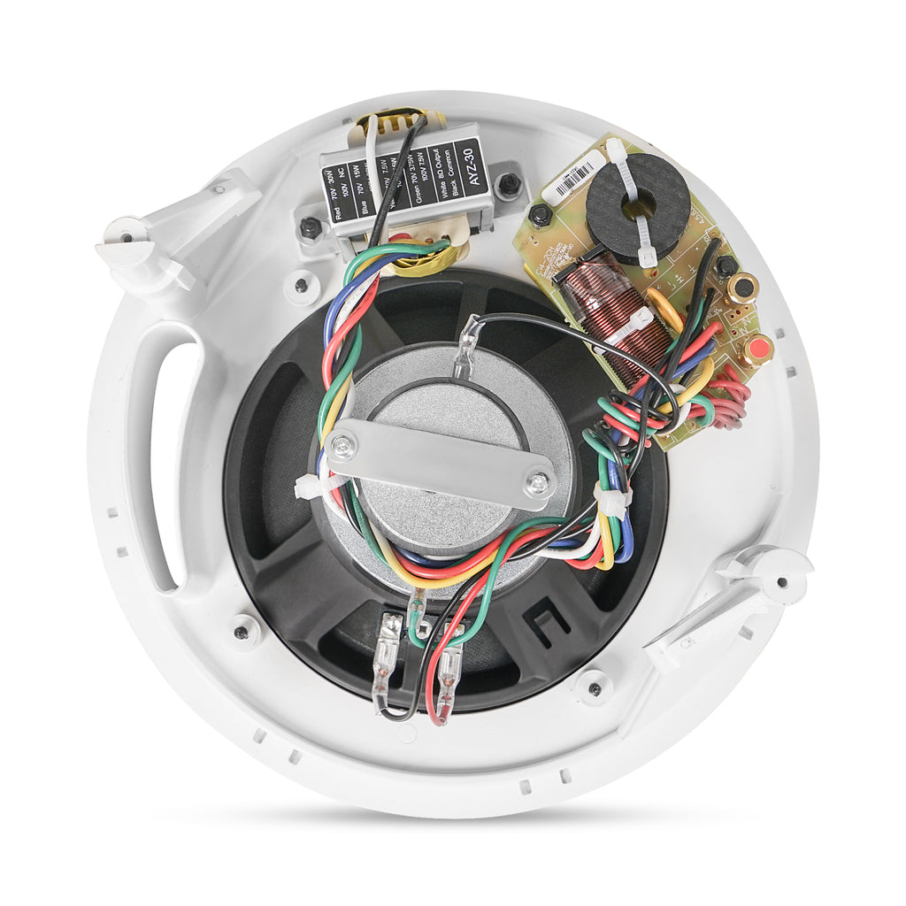 Sound Town PAC180X12CS6N | 6.5" Two-Way Coaxial In-Ceiling Speaker, Flush Mount, 70V/100V/8-Ohm Operation, Magnetic Grill, White - Back Panel Internal Components