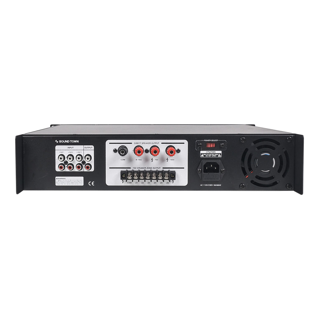 Sound Town PAC180X12CS6N 180W 6-Zone 70V/100V Commercial Audio Power Amplifier with Bluetooth, Aluminum, for Restaurants, Lounges, Bars, Pubs, Schools and Warehouses - Back Panel, Inputs & Outputs