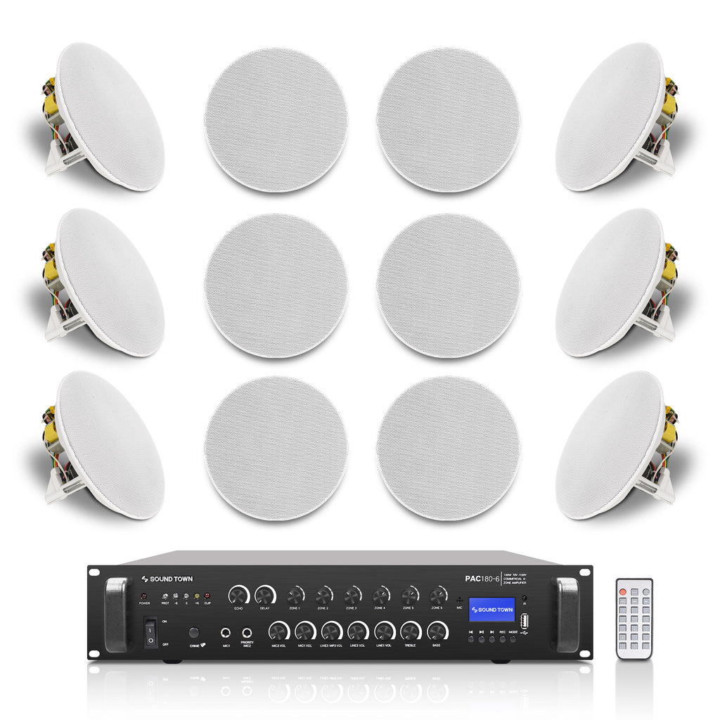 Sound Town PAC180X12CS8N | 6-Zone 70V/100V Commercial Bluetooth Amplifier and 12 x Two-Way 8-Inch In-Ceiling Speakers Set, For Homes, Restaurants, Schools, White
