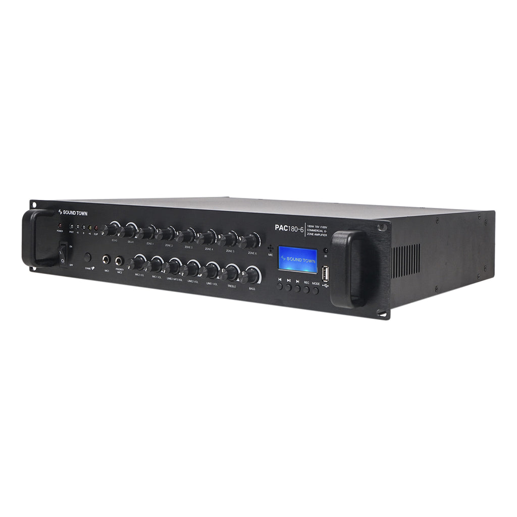Sound Town PAC180X12CS8N 180W 6-Zone 70V/100V Commercial Power Amplifier with Bluetooth, Aluminum, for Restaurants, Lounges, Bars, Pubs, Schools and Warehouses - Left Panel, for Audio Installation