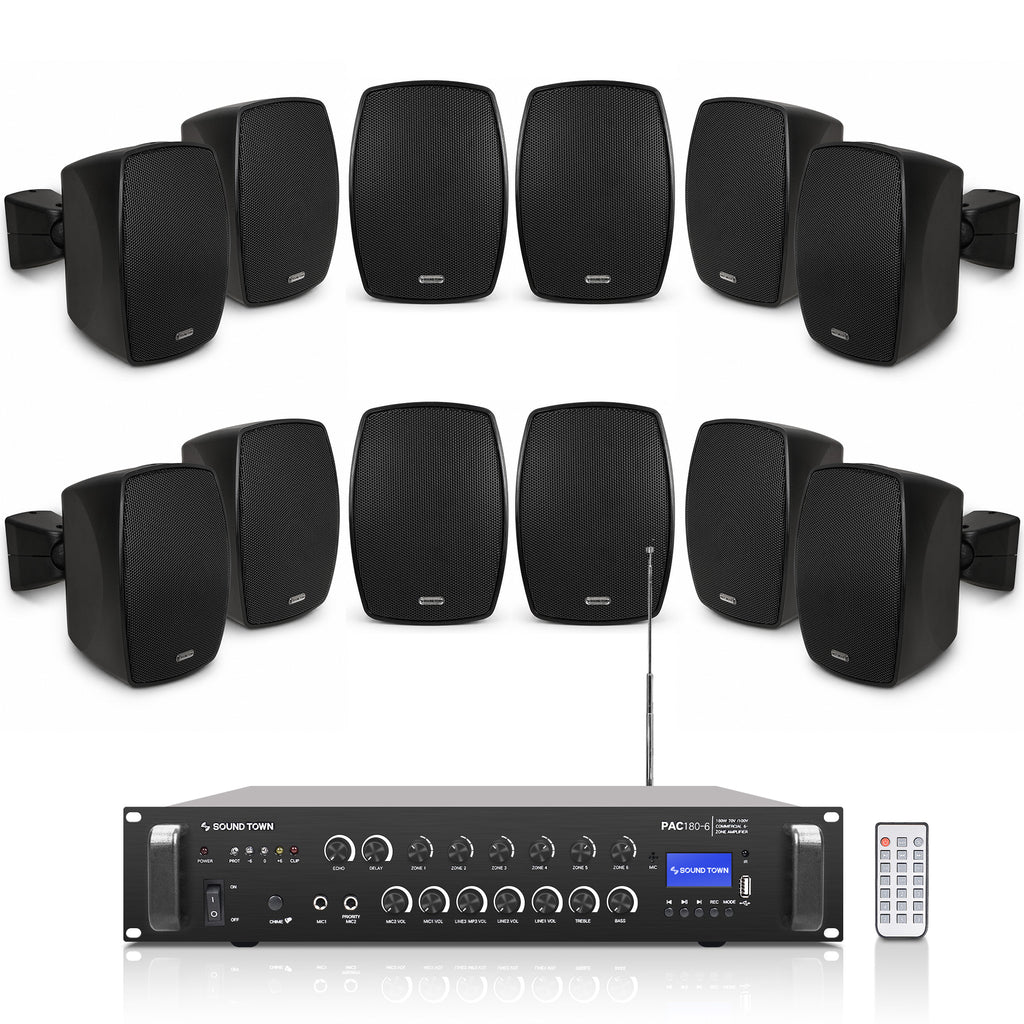 Sound Town PAC180X12VL3B | 6-Zone 70V/100V Commercial Amplifier w/ Bluetooth & 12 x 3" Weatherproof Surface-Mount Speakers for Indoor/Outdoor Installation, Black