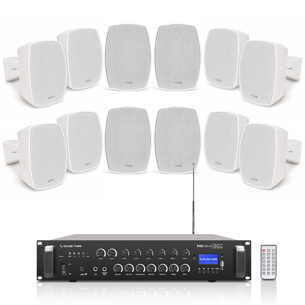 Sound Town PAC180X12VL3W | 6-Zone 70V/100V Commercial Amplifier w/ Bluetooth & 12 x 3" Weatherproof Surface-Mount Speakers for Indoor/Outdoor Installation, White