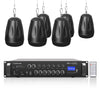 Sound Town PAC180X6PD4B | Commercial Restaurant Power Amplifier Pendant Speaker Set, w/ a 6-Zone 70V/100V Amplifier w/Bluetooth, Six 4“ Pendant Speakers, Black