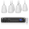 Sound Town PAC180X6PD4W | Commercial Restaurant Amplifier Pendant Speaker Set, w/ a 6-Zone 70V/100V Amplifier w/ Bluetooth, Six 4-Inch Pendant Speakers, White