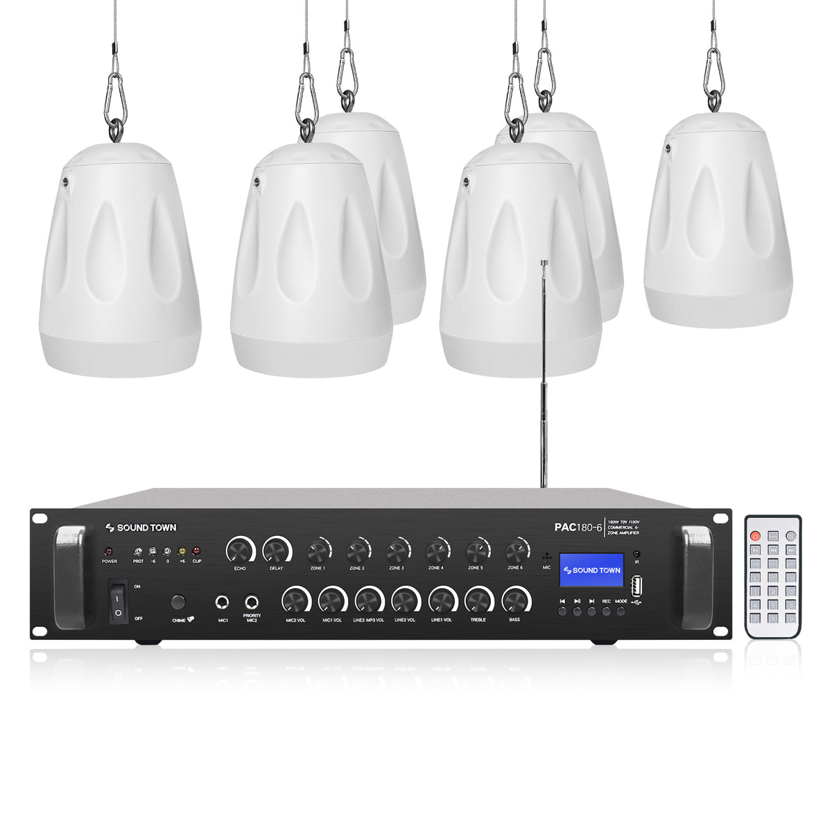 PAC180X6PD4W | Commercial Restaurant Amplifier Pendant Speaker Set