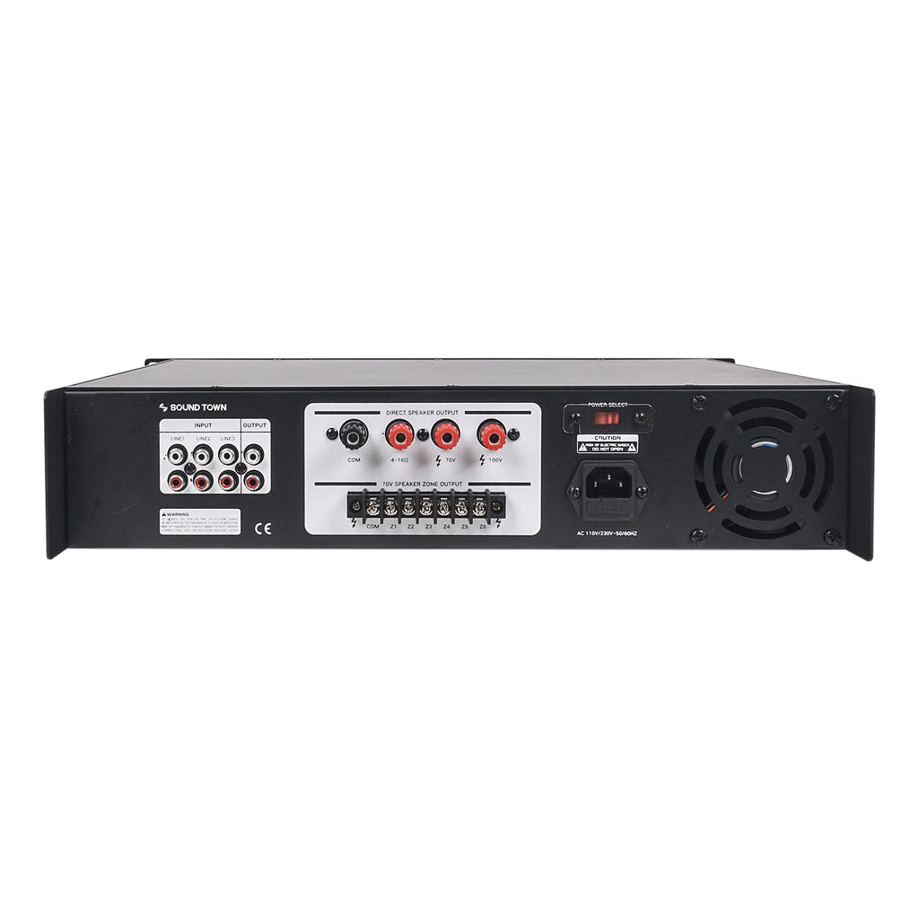 Sound Town PAC180X6PD6W 180W 6-Zone 70V/100V Commercial Audio Power Amplifier with Bluetooth, Aluminum, for Restaurants, Lounges, Bars, Pubs, Schools and Warehouses - Back Panel, Inputs & Outputs