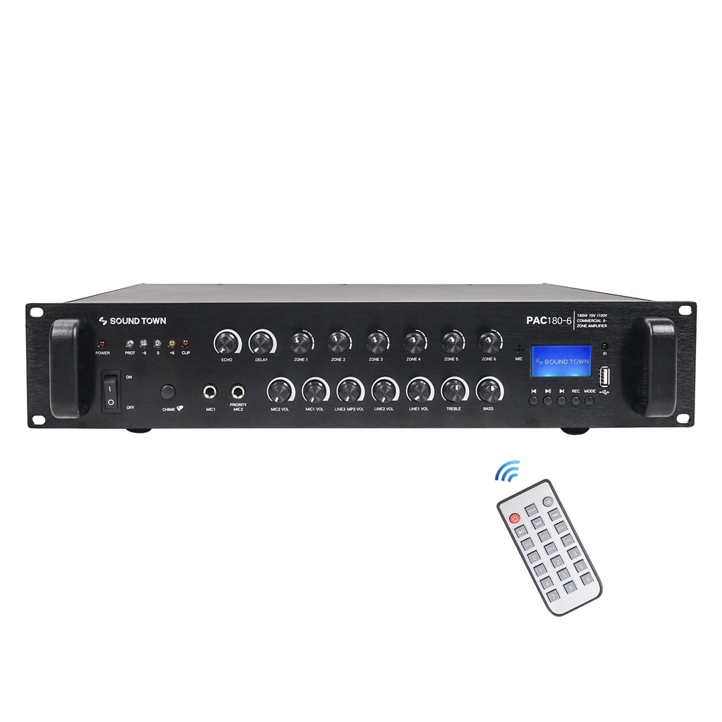 Sound Town PAC180X6PD6W 180W 6-Zone 70V/100V Commercial Power Amplifier with Bluetooth, Aluminum, for Restaurants, Lounges, Bars, Pubs, Schools and Warehouses - Wireless Remote, Multi-Zone