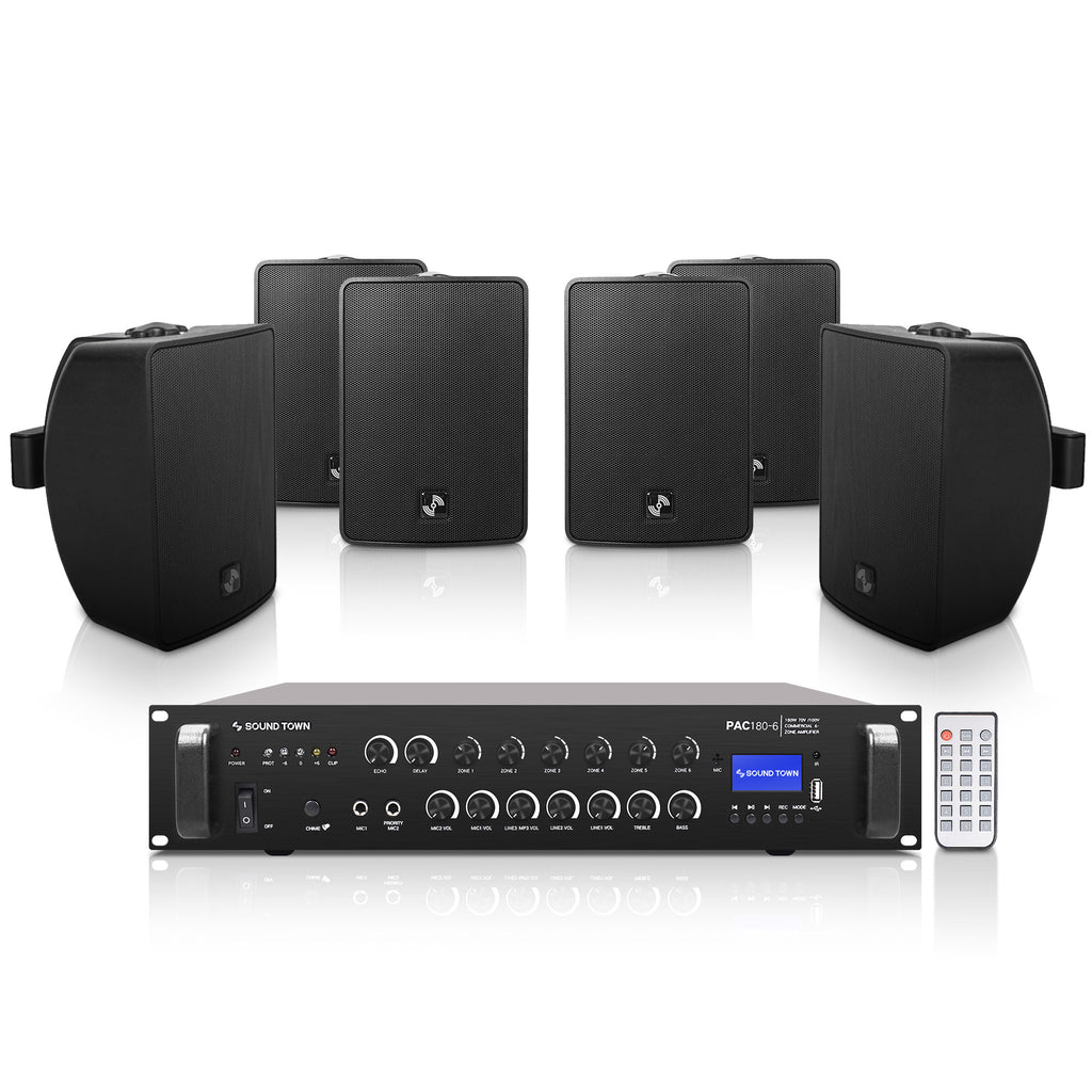 Sound Town PAC180X6TV4B | 6-Zone 70V/100V Commercial Bluetooth Amplifier and 6 Surface-Mount 4.5" Speakers Set, For Restaurants, Lounges, Bars, Schools, Black