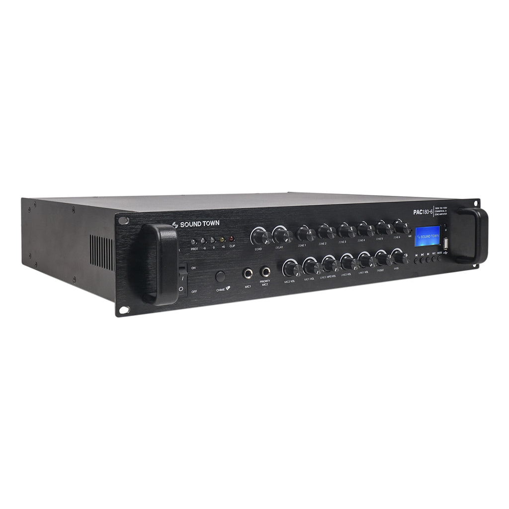 Sound Town PAC180X6TV6W 180W 6-Zone 70V/100V Commercial Power Amplifier with Bluetooth, Aluminum, for Restaurants, Lounges, Bars, Pubs, Schools and Warehouses - Right Panel, for Sound System Installation