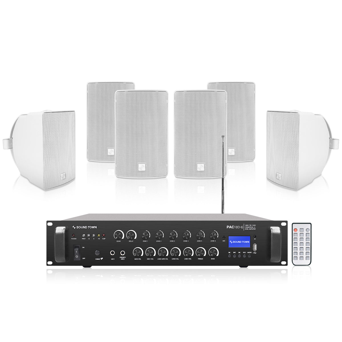 PAC180X6TV6W | 6-Zone 70V/100V Commercial Amplifier and 6 X 6.5