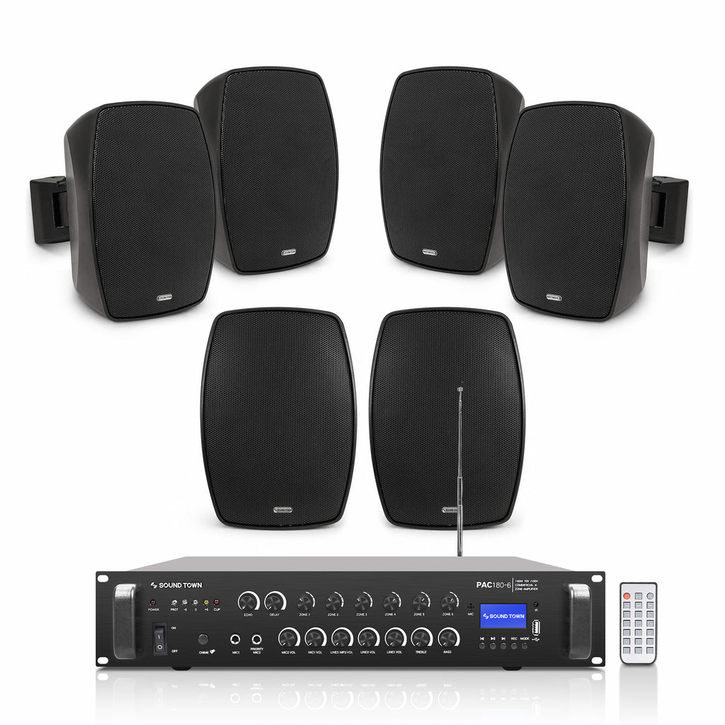 Sound Town PAC180X6VL4B | 6-Zone 70V/100V Commercial Amplifier w/ Bluetooth & 6 x 4" Weatherproof Surface-Mount Speakers for Indoor/Outdoor Installations, Black