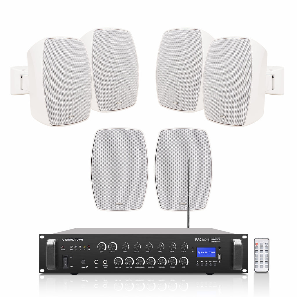 Sound Town PAC180X6VL4W | 6-Zone 70V/100V Commercial Amplifier w/ Bluetooth & 6 x 4" Weatherproof Surface-Mount Speakers for Indoor/Outdoor Installations, White