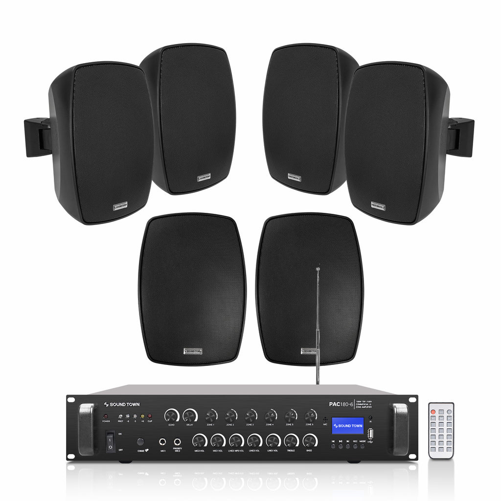 Sound Town PAC180X6VL5B | 6-Zone 70V/100V Commercial Amplifier w/ Bluetooth & 6 x 5.25" Weatherproof Surface-Mount Speakers, Indoor/Outdoor Installations, Black