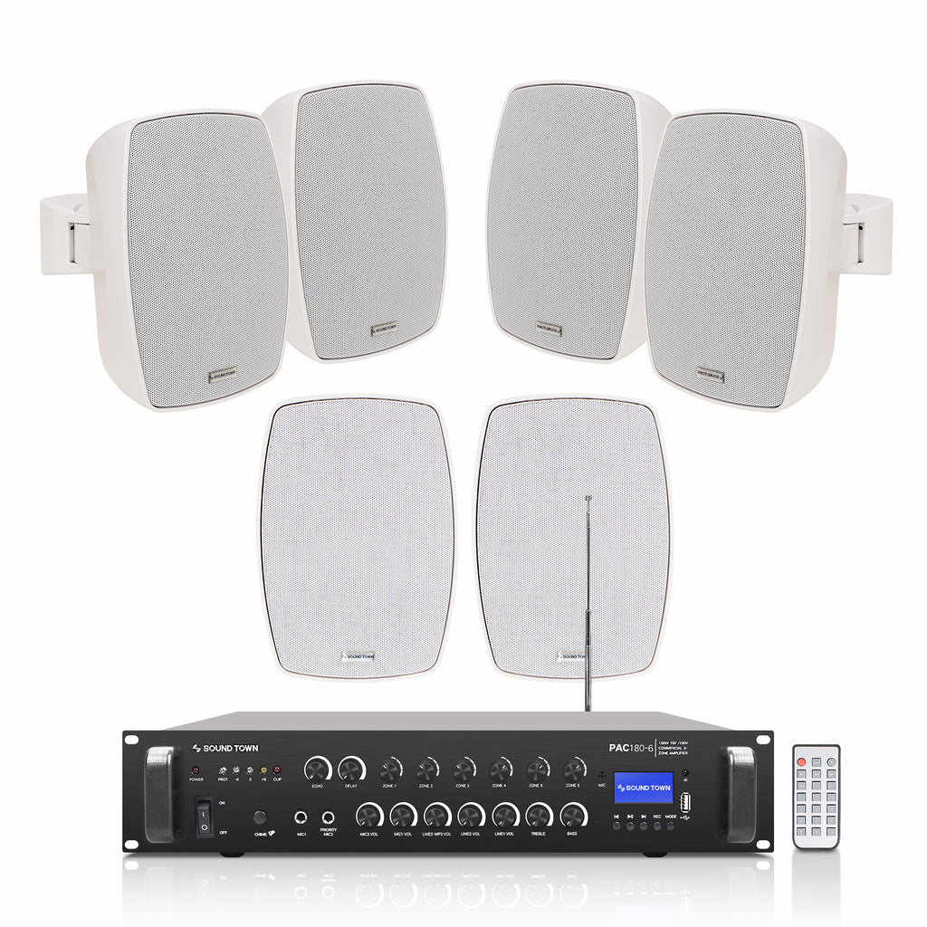 Sound Town PAC180X6VL5W | 6-Zone 70V/100V Commercial Amplifier w/ Bluetooth & 6 x 5.25" Weatherproof Surface-Mount Speakers, Indoor/Outdoor Installations, White