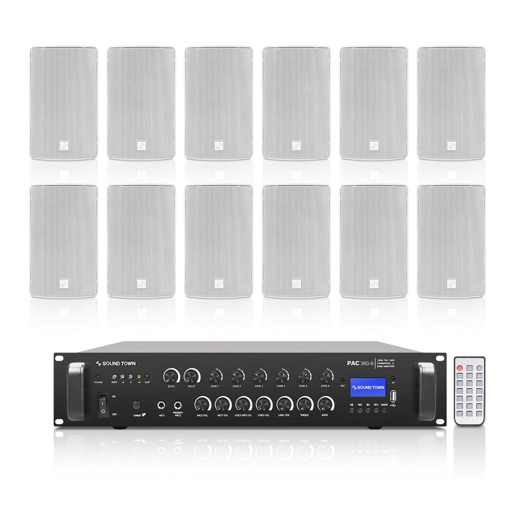 Sound Town PAC360X12TV6W | 6-Zone 70V/100V Commercial Amplifier w/ Bluetooth and 12 Surface-Mount 6.5" Speaker Set, For Restaurant, Lounges, Bars, Schools, White