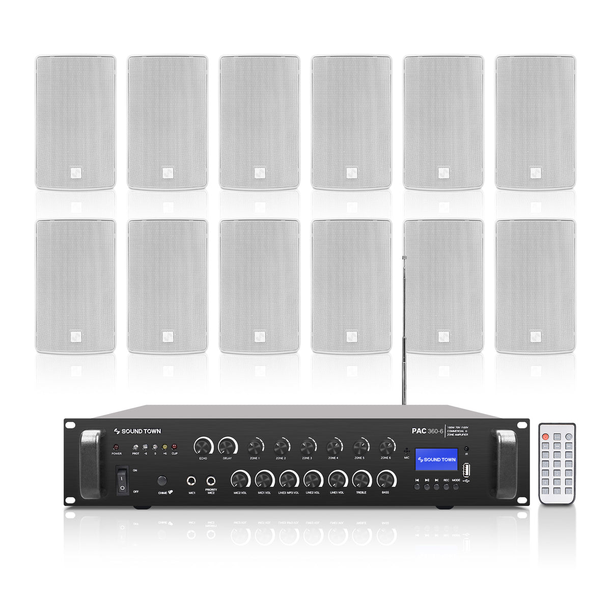 PAC360X12TV6W | 6-Zone 70V/100V Commercial Amplifier and 12 X 6.5