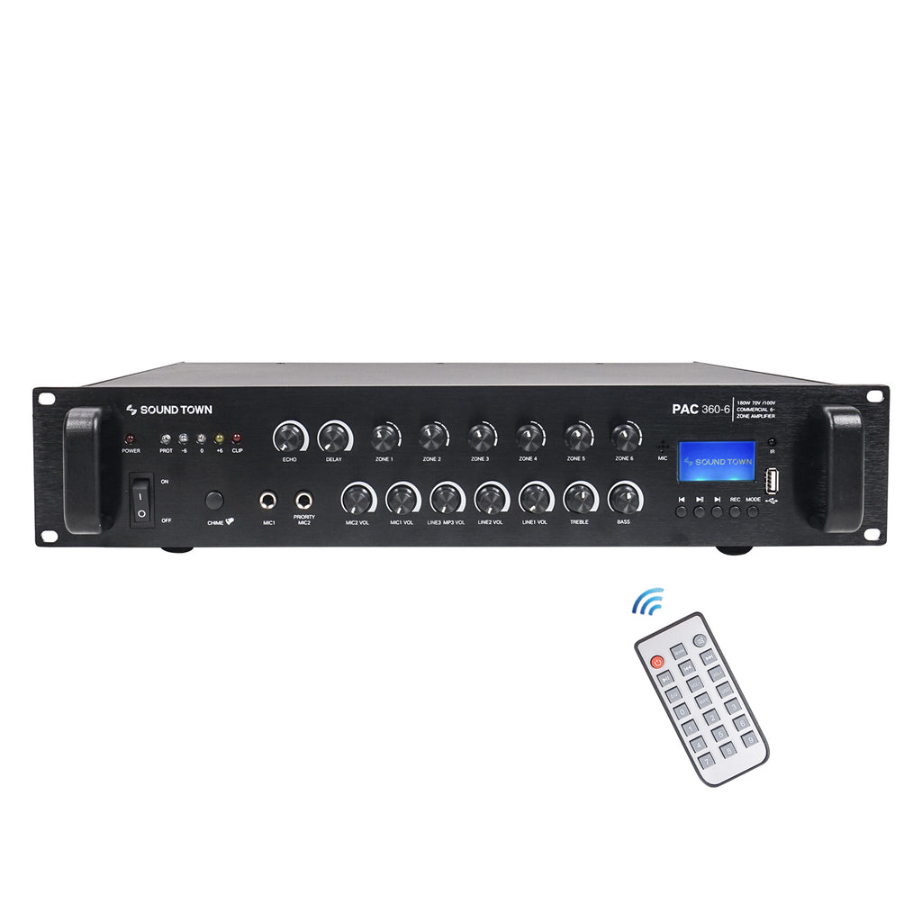 Sound Town PAC360X12TV6W 360W 6-Zone 70V/100V Commercial Power Amplifier with Bluetooth, Aluminum, for Restaurants, Lounges, Bars, Pubs, Schools and Warehouses - Front Panel, with Remote, Multi-Zone