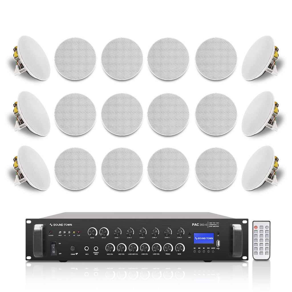 Sound Town PAC360X18CS6N | 6-Zone 70V/100V Commercial Bluetooth Amplifier and 18 x Two-Way 6.5-Inch In-Ceiling Speakers Set, For Homes, Restaurants, Bars, White
