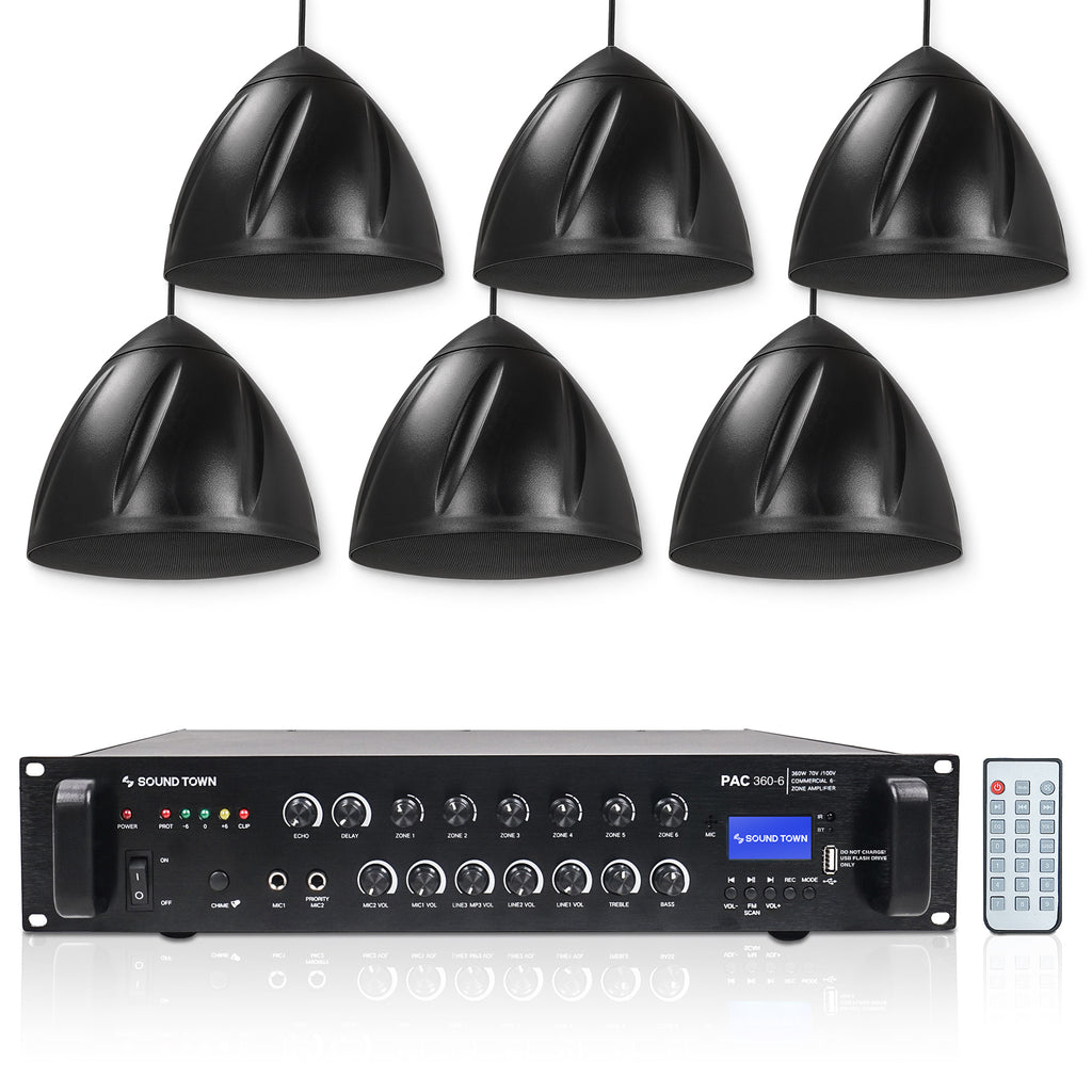 Sound Town PAC360X6LR5B | 6-Zone 70V/100V Commercial Amplifier with Bluetooth and 6 x 5.25" Weatherproof Pendant Speakers for Indoor/Outdoor Installations, Black