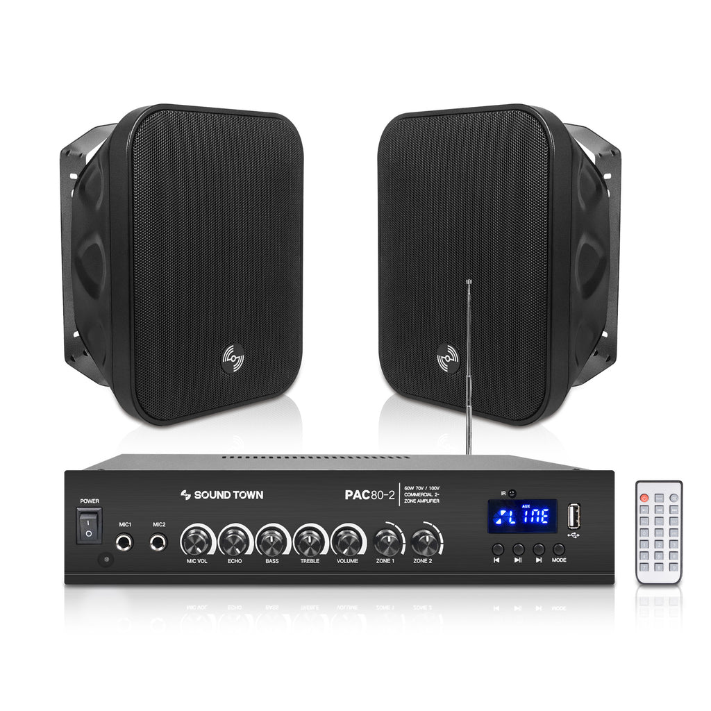 Sound Town PAC80X2MS5B | 2-Zone 70V/100V Commercial Amplifier and 2 x 5.25-Inch Surface-Mount Speakers Set, FM Antenna, For Restaurants, Bars, Cafes, Schools, Churches, Black