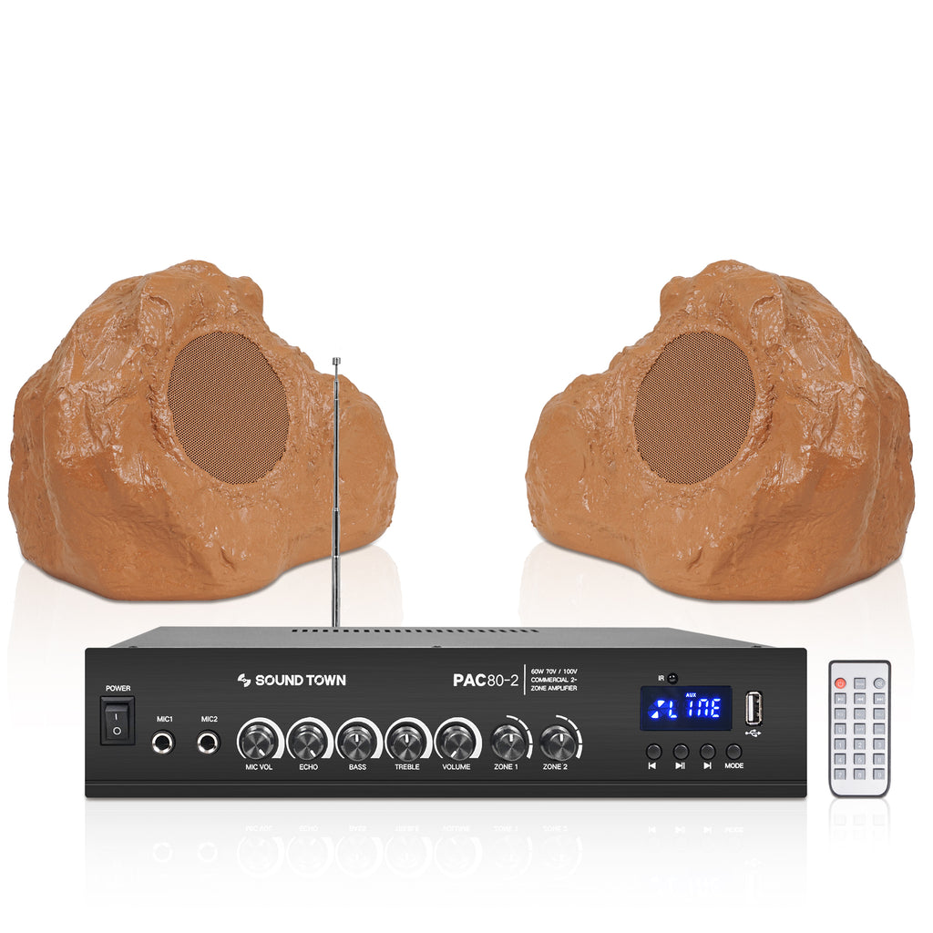 Sound Town PAC80X2RK52BR | 2-Zone 70V/100V Commercial Amplifier w/ 2 x 5.25" Brown Rock Speakers, for Gardens, Patios, Outdoor Dining, Theme Parks, Resorts, Zoos