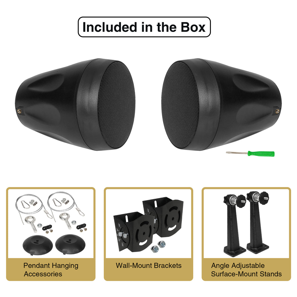 Sound Town PAC80X4PD4B 2-Pack 4" All-Weather Pendant Speakers, IP66, Wall Mount, Landscape, 70V/100V/8-Ohm, Indoor/Outdoor Commercial Installations, Black - Included in the Box, Package Contents