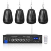 Sound Town PAC80X4PD4B | Commercial Restaurant Power Amplifier Pendant Speaker Set, w/ 2-Zone 70V/100V Amplifier w/ Bluetooth and 4 x Pendant Speakers, Black, FM Antenna