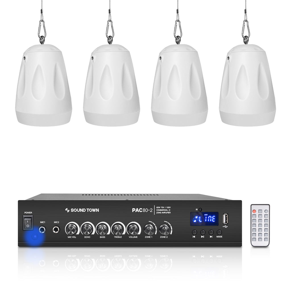 Sound Town PAC80X4PD4W | Commercial Restaurant Power Amplifier Pendant Speaker Set, w/ a 2-Zone 70V/100V Amplifier w/ Bluetooth, Four 4" Pendant Speakers, White