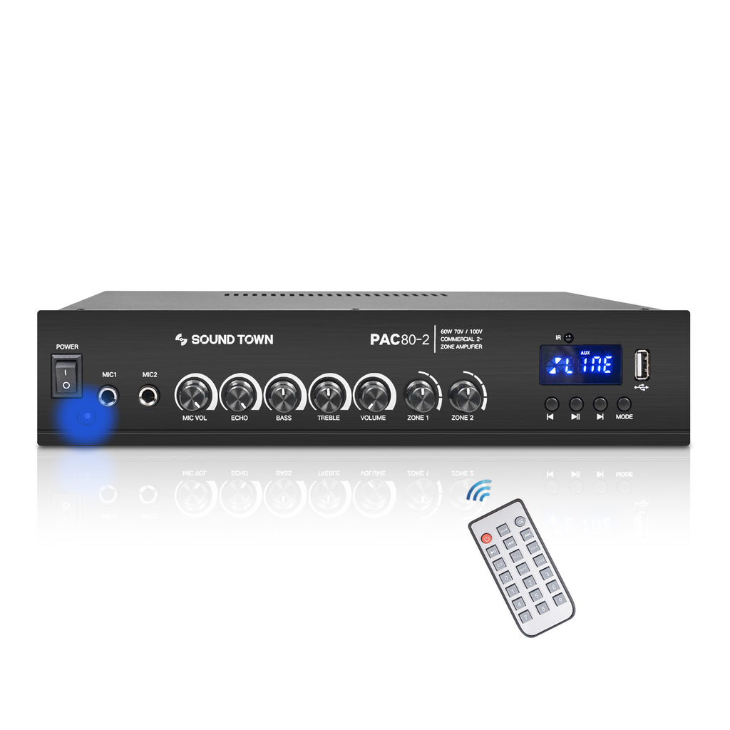 Sound Town PAC80X4PD4W 60W 2-Zone 70V/100V Commerical Power Amplifier with Bluetooth, Aluminum, for Restaurants, Lounges, Bars, Pubs, Schools and Warehouse - Remote Control