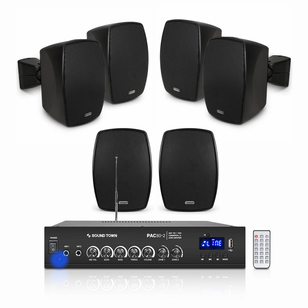 Sound Town PAC80X6VL3B | 2-Zone 70V/100V Commercial Amplifier w/Bluetooth and 6 x 3" Weatherproof Surface-Mount Speakers for Indoor/Outdoor Installations, Black