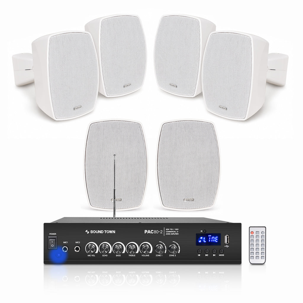 Sound Town PAC80X6VL3W | 2-Zone 70V/100V Commercial Amplifier w/Bluetooth and 6 x 3" Weatherproof Surface-Mount Speakers for Indoor/Outdoor Installations, White