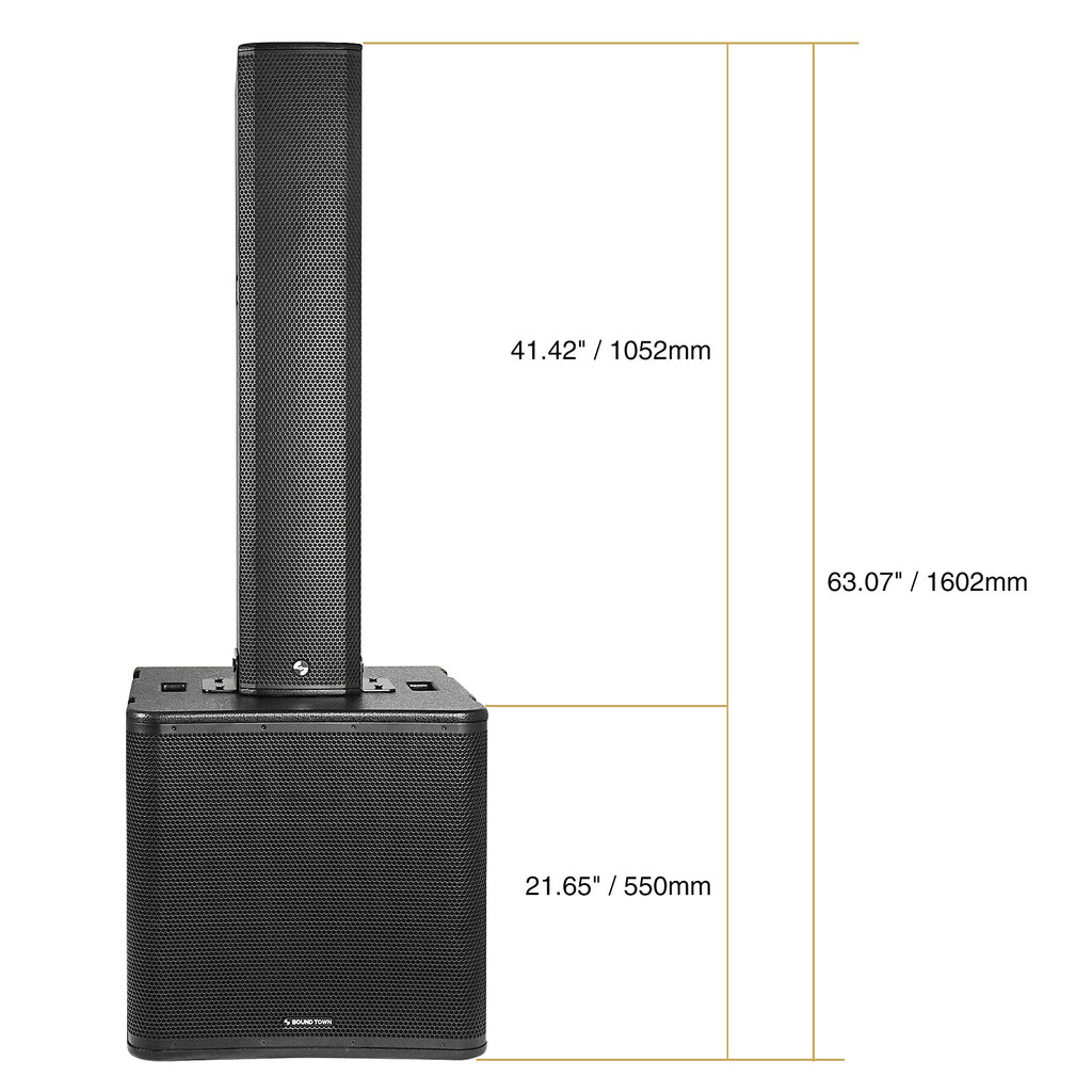 Sound Town PS-18SK12PW | CARPO Series Powered 18-inch Subwoofer and High-Power Column Line Array Speaker Set, w/ DSP, TWS Bluetooth, Birch Plywood, Black - Size and Dimensions