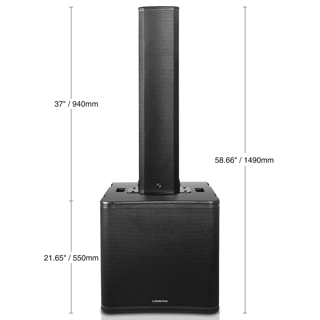 Sound Town PS-18SK8PW | Powered Column Array Speaker System with 1600W 18" Subwoofer, DSP, TWS Bluetooth, Ground-Stack Mount for PA Installations, Black - Dimensions
