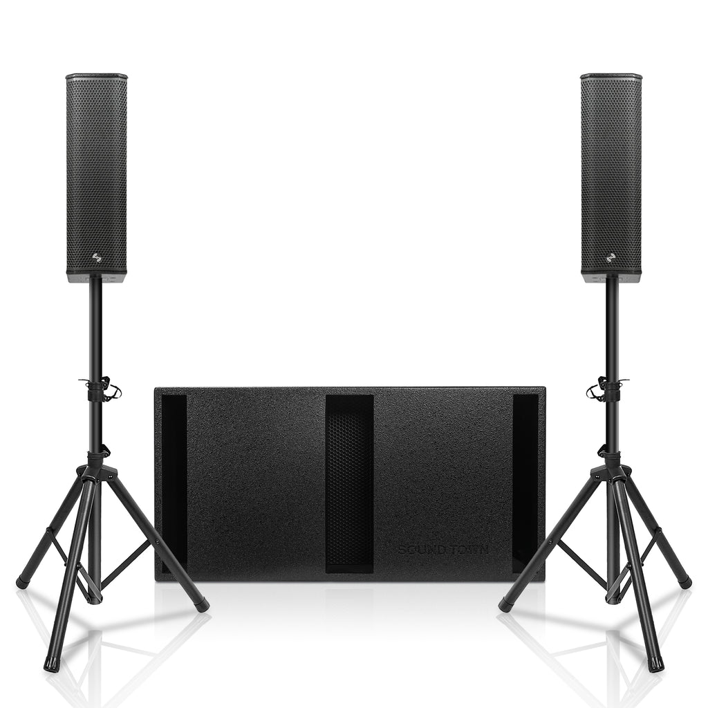 Sound Town PS-212SP3BX2 | Powered Portable PA System with Dual 12" 2200W Subwoofer, 2 Column Array Loudspeakers, Tripod Stands, Birch Plywood, Black
