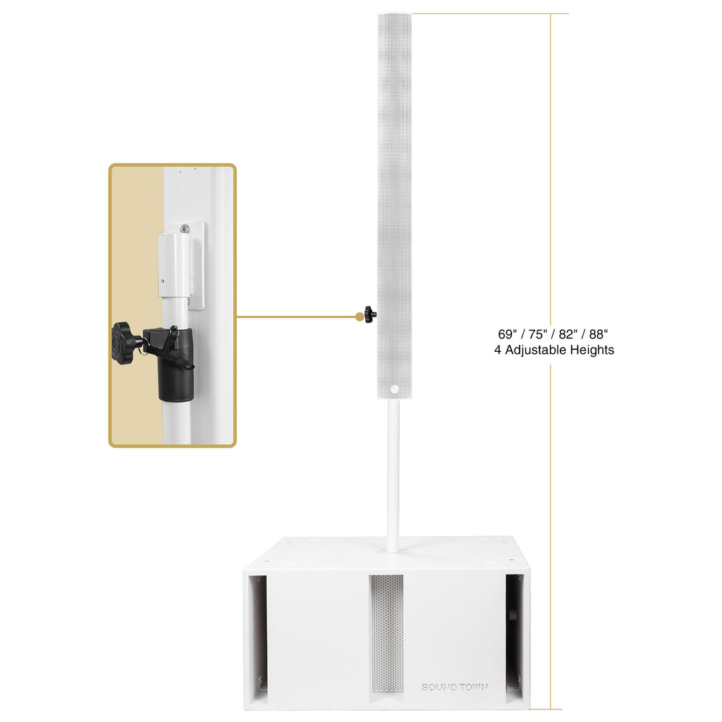 Sound Town PS-212SW106W | Powered Portable PA System with Dual 12" 2400W Subwoofer, Column Array Loudspeaker, Mounting Pole, White - Adjustable Heights