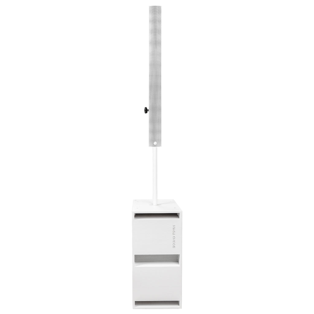 Sound Town PS-212SW106W | Powered Portable PA System with Dual 12" 2400W Subwoofer, Column Array Loudspeaker, Mounting Pole, White - Front View