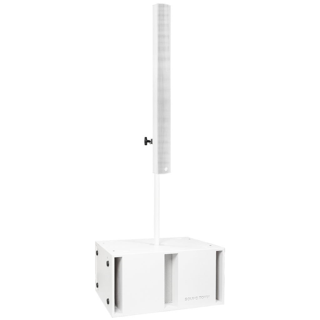 Sound Town PS-212SW106W | Powered Portable PA System with Dual 12" 2400W Subwoofer, Column Array Loudspeaker, Mounting Pole, White - Front View