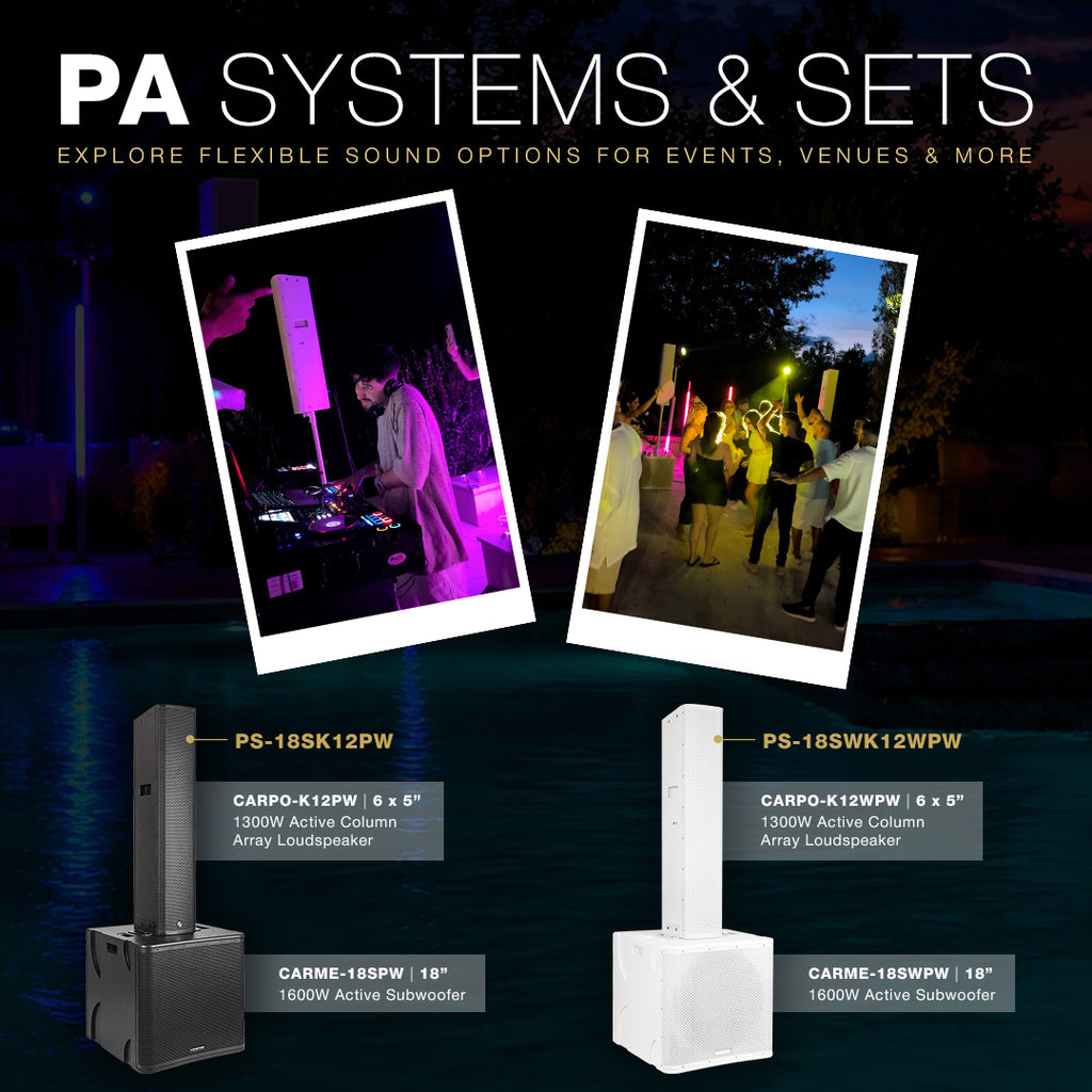 DJ Neil Ponthier of Music and Lights Entertainment uses the white Sound Town PS-18SWK12WPW PA system at a wedding at Ponchatoula 22 Estate. The setup pairs an 18-inch powered subwoofer with a compact column array for a clean, modern appearance and full-range dance-floor sound.