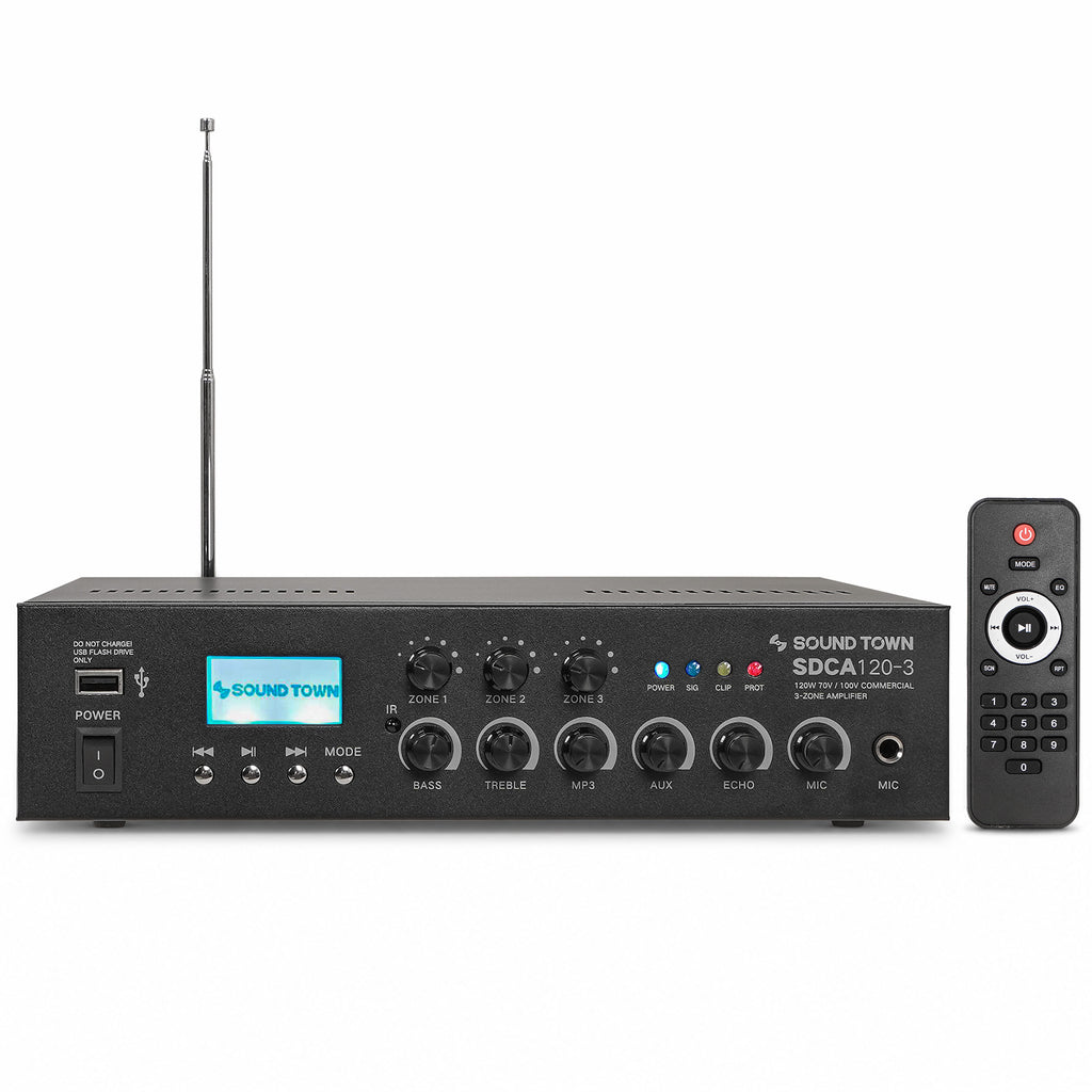 SDCA120-3 | 120W 3-Zone 70V/100V Commercial Class-D Power Amplifier with Bluetooth for Restaurants, Lounges, Bars, Pubs, Warehouses, Multi-Zone Installation - Front Panel with Remote