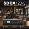 The Sound Town SDCA120-3 is a 120W 3-zone Class-D commercial power amplifier for restaurants, bars, lounges, schools, warehouses, and other commercial spaces. It features three 70V zones with independent volume control, support for 70V, 100V, and 4–16Ω speaker systems, Bluetooth, USB and FM playback, RCA connectivity, a microphone input with independent level control, a front-panel LCD, and a built-in clipping limiter for flexible, reliable multi-zone audio.