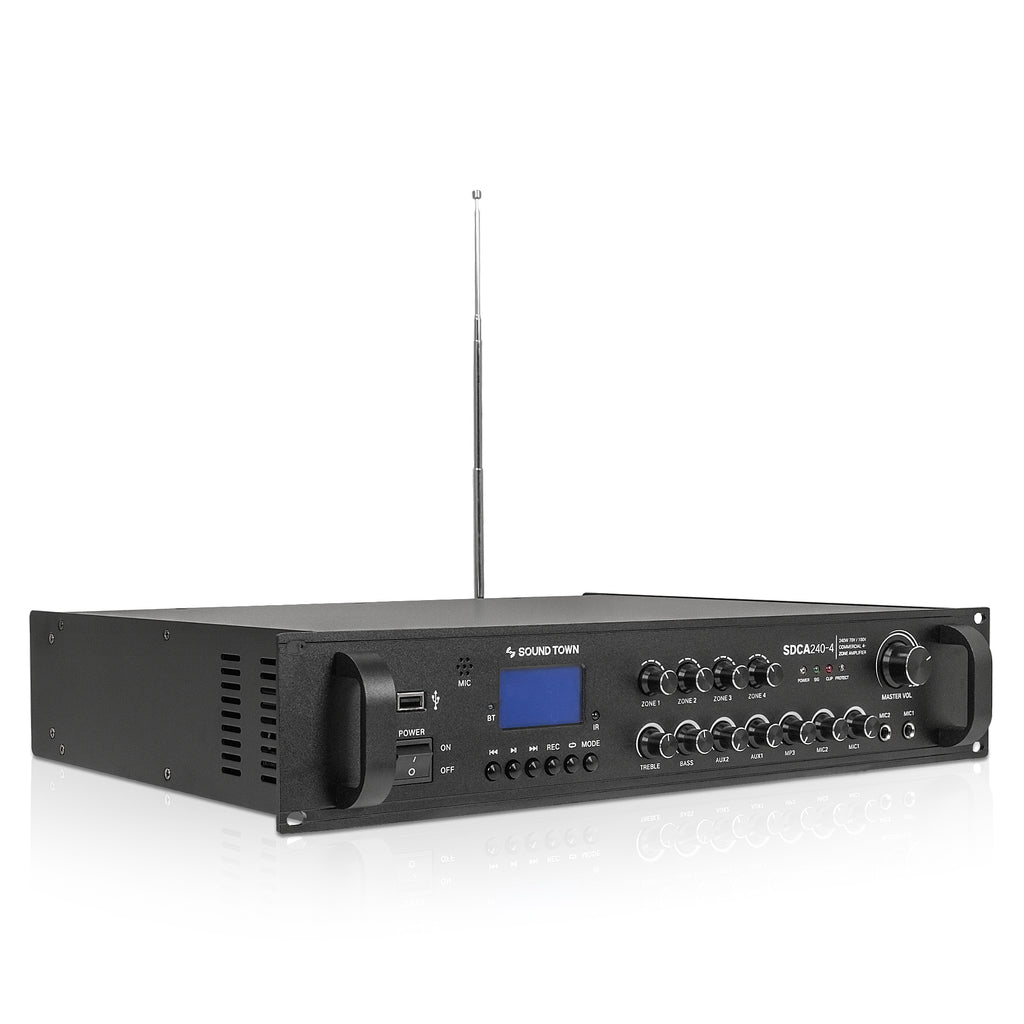 Sound Town SDCA240-4-R | REFURBISHED: 240W 4-Zone 70V/100V Commercial Class-D Power Amplifier with Bluetooth for Restaurants, Lounges, Bars, Pubs, Warehouses - Right Angle 